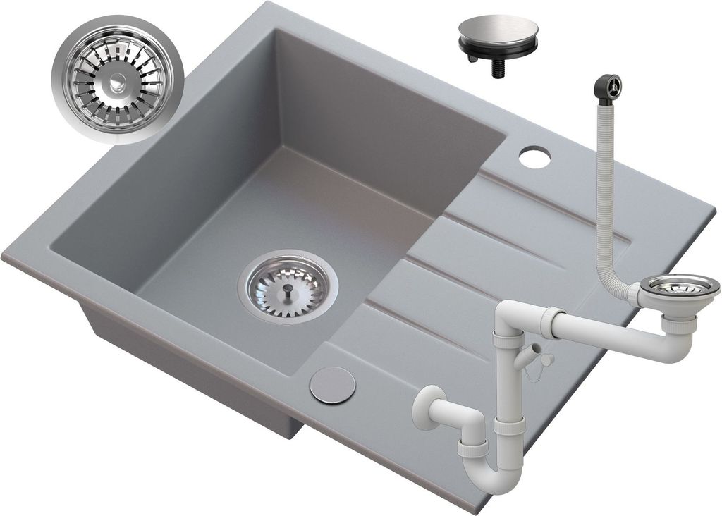 A granite sink and its plumbing accessories are displayed against a white background.