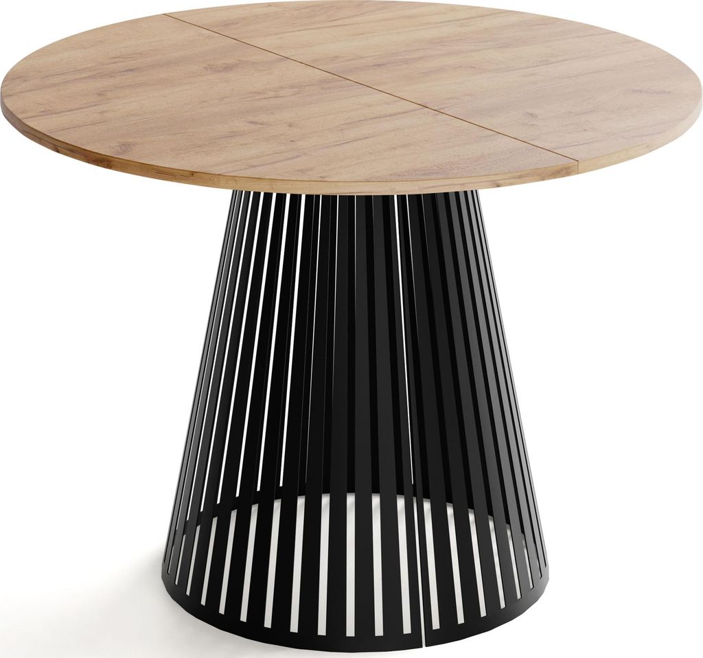 Esstisch Rund Ausziehbar mit Lamellen im Loft-Stil – 100 bis 180 cm – Industrieller Tisch mit Schwarzen Metallbeinen, Platzsparend für Wohnzim...