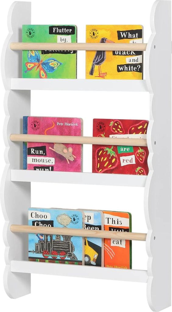 Kinder Bücherregal - Wandmontage - 4 Ablagen - Kiefernholz - 80×42,5×14 cm - Hellgrau
