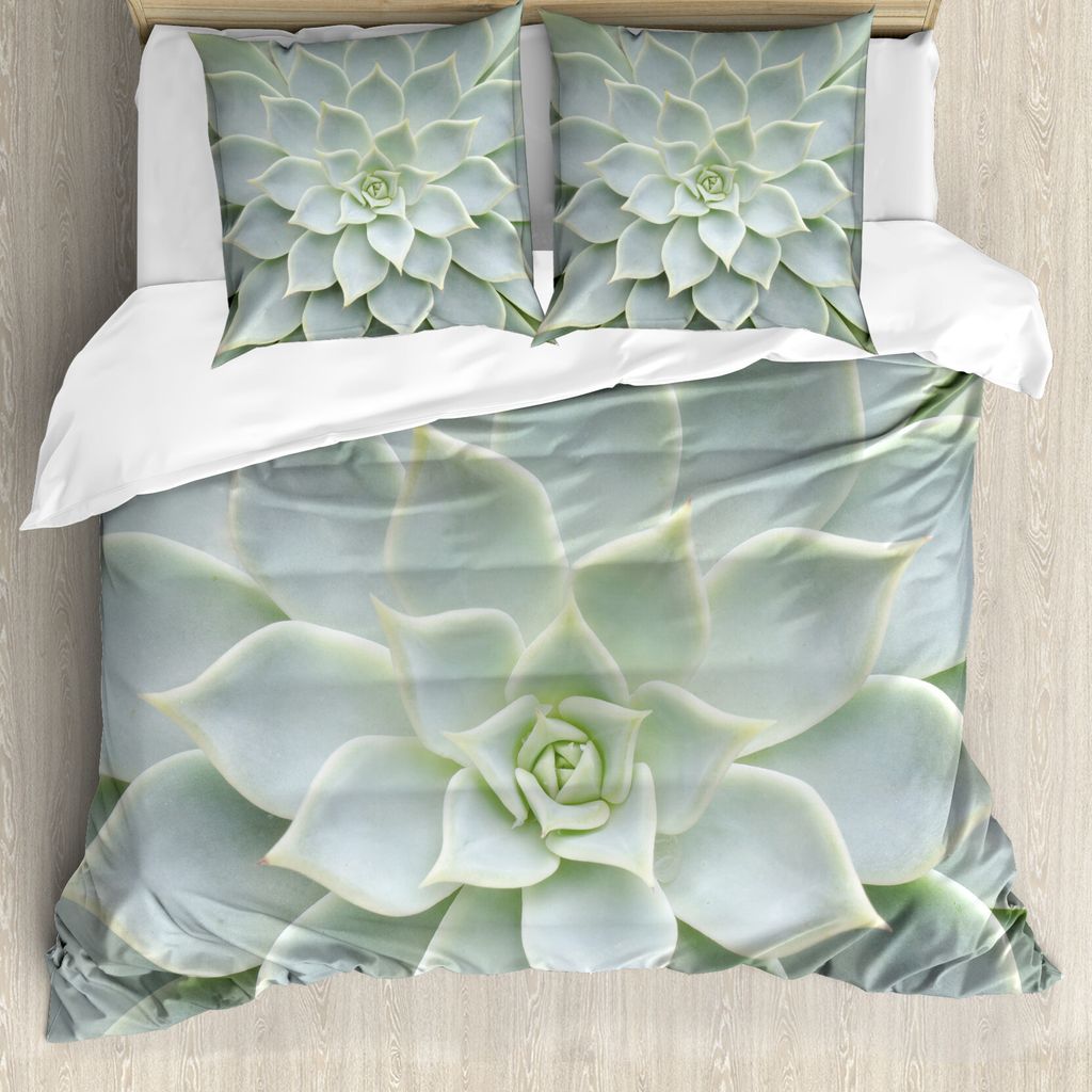 ABAKUHAUS Kaktus Bettbezug, Kaktus-Blumen Foto, Milbensicher Allergiker geeignet mit Kissenbezügen, 155 cm x 220 cm - 80 x 80 cm, Salbeigrün