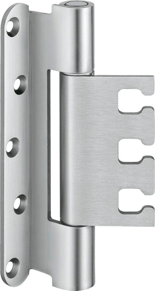 A close-up studio shot of a metal hinge on a white background.