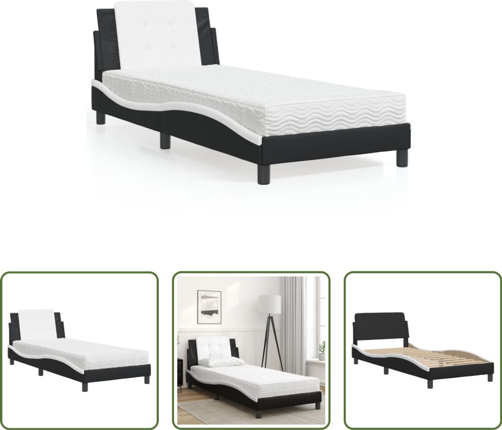 The Living Store Bett mit Matratze Schwarz und Weiß 90x200 cm Kunstleder