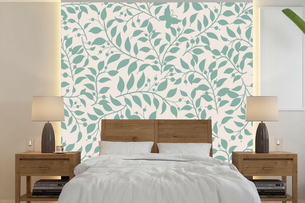 MuchoWow Fototapete für Wohnzimmer oder Schlafzimmer Wandtapete Vinyl Motivtapete Blätter - Vintage - Muster - 350x350 cm - Schlafzimmertapete