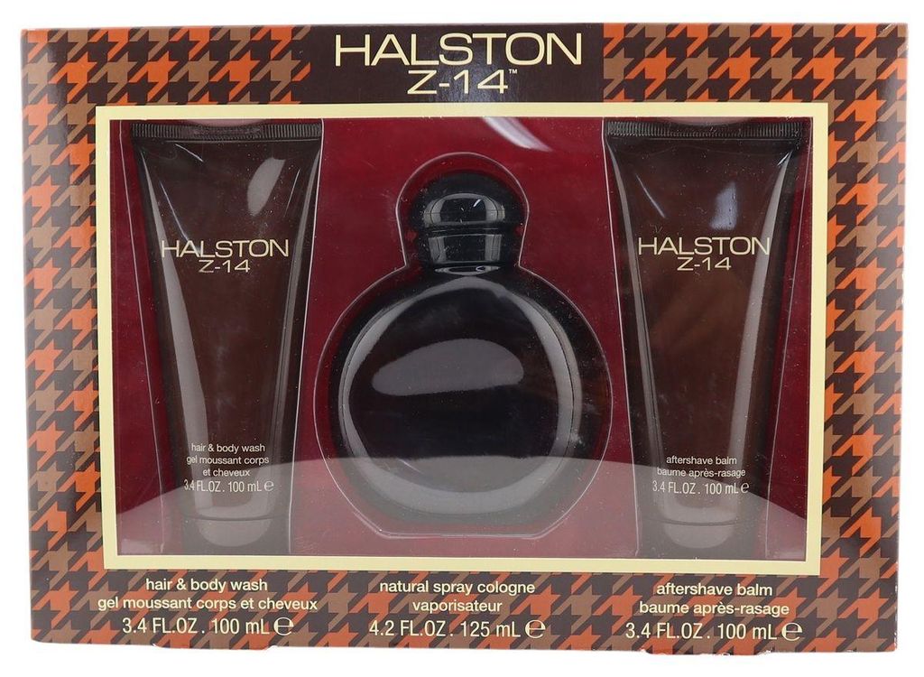 Halston Z-14 Geschenkset mit Duschgel, Eau de Cologne und Aftershave-Balsam in brauner Verpackung mit rot-schwarzem Hahnentritt-Muster.