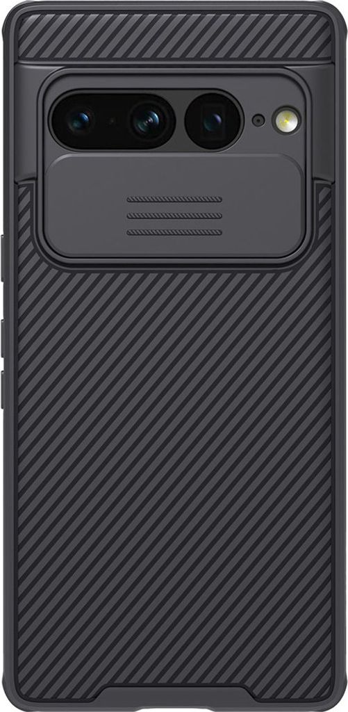 A black phone case with a textured back and a sliding camera cover is shown against a black background.
