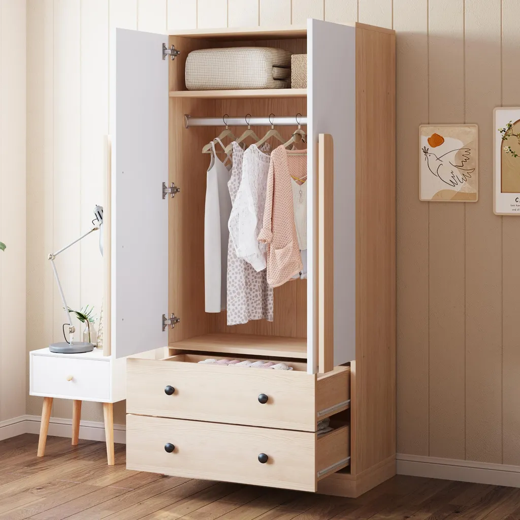 Armoire de rangement 170 cm de haut bois et blanc à tiroirs coulissants