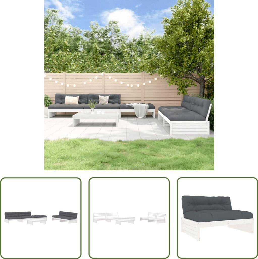 The Living Store 6-tlg. Garten-Lounge-Set mit Kissen Weiß Massivholz