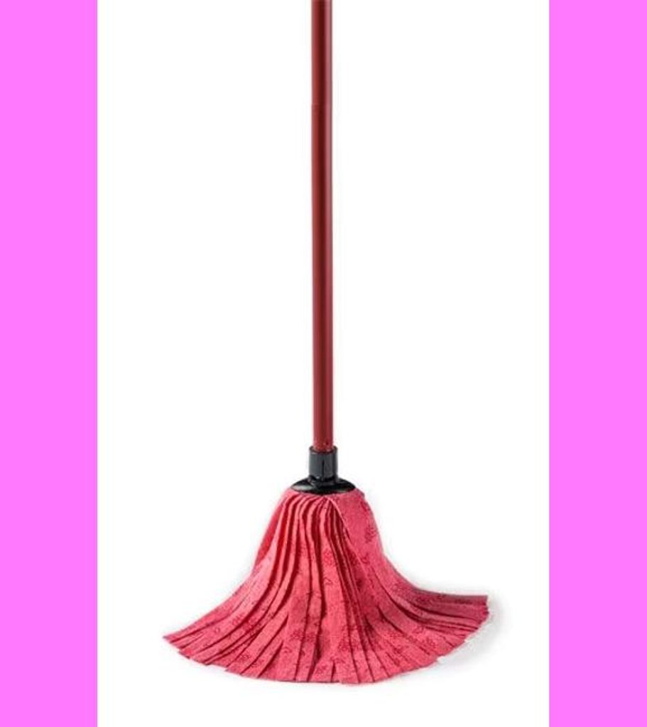 A red mop with a dark handle is shown against a white background with pink borders.