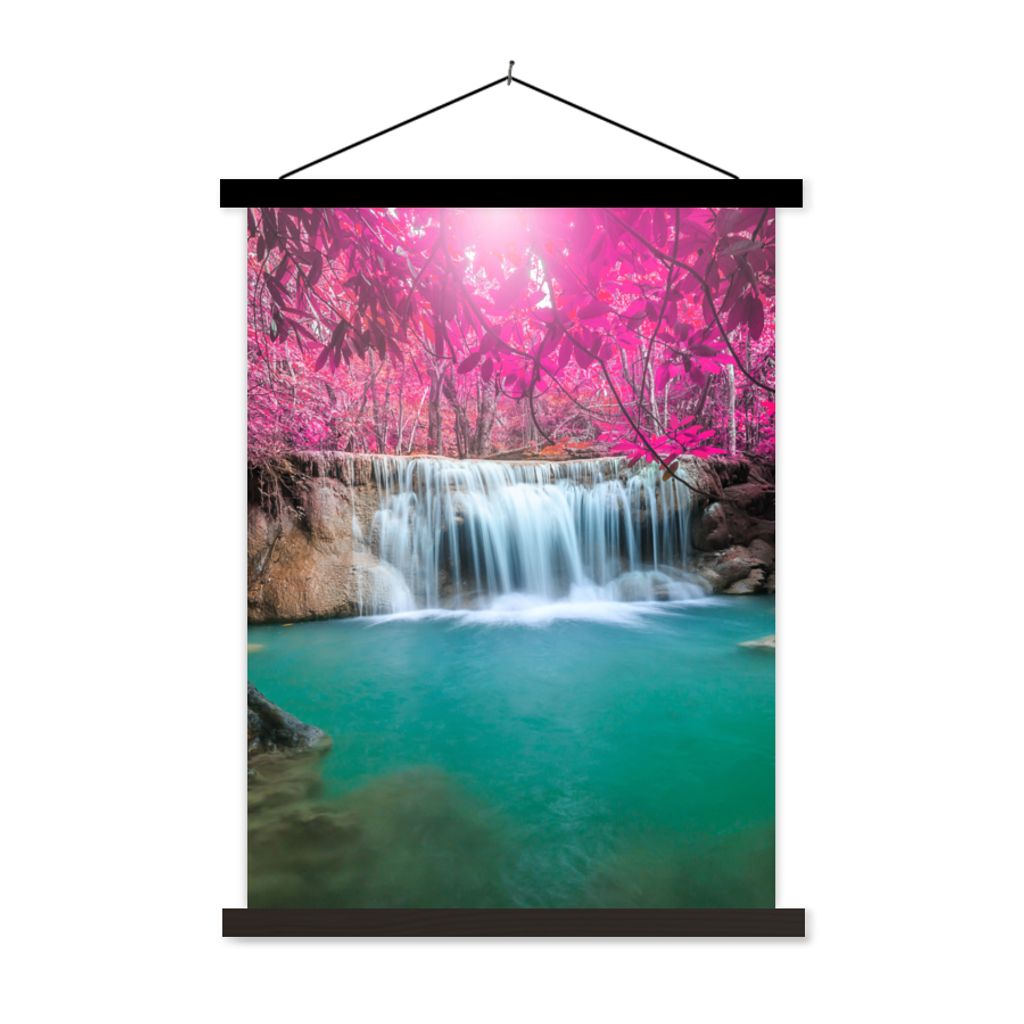 MuchoWow Textilposter Wasserfall - Baum - Rosa - Natur 60x80 cm mit schwarzem Rahmen - Plakathalter