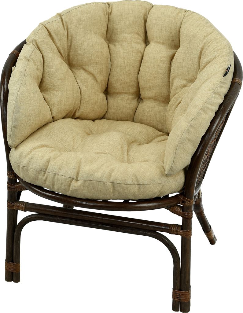 A close-up studio shot of a papasan chair cushion on a rattan chair frame.