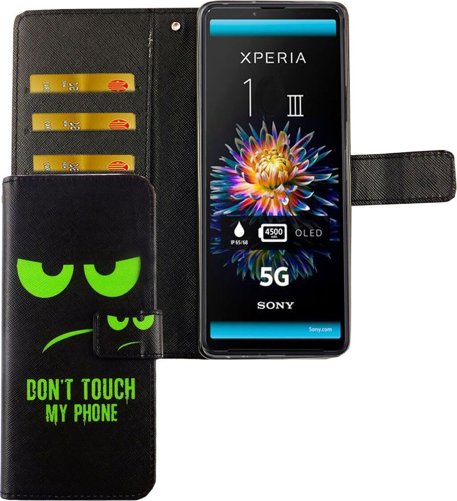 Sony Xperia 5 III Tasche Handy Hülle Schutz-Cover Flip-Case mit Kartenfach, Farbe:Dont Touch My Phone Grün