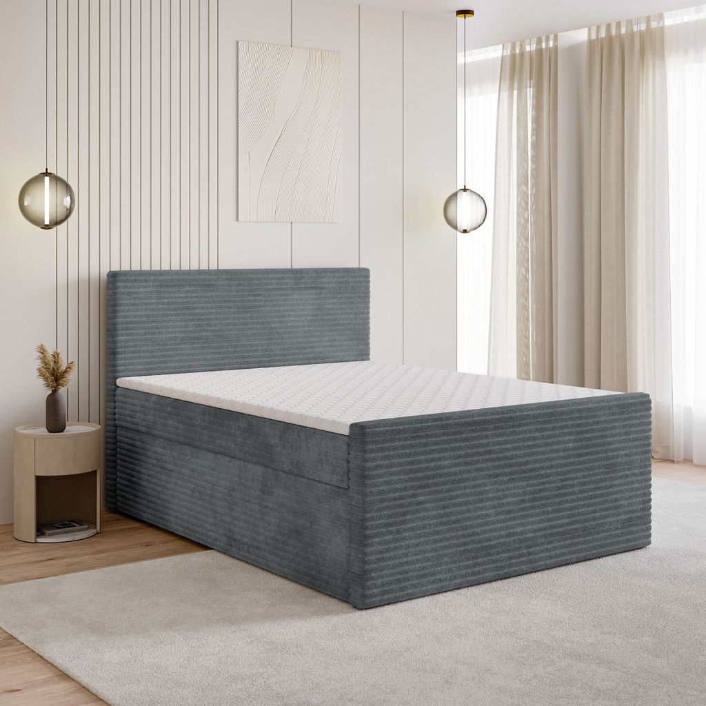 Masseno Boxspringbett NOLEN 140x200 cm Komplett-Set mit Bonell Matratze und Topper, Polsterbett mit Bettkästen -Grau, TILIA 90
