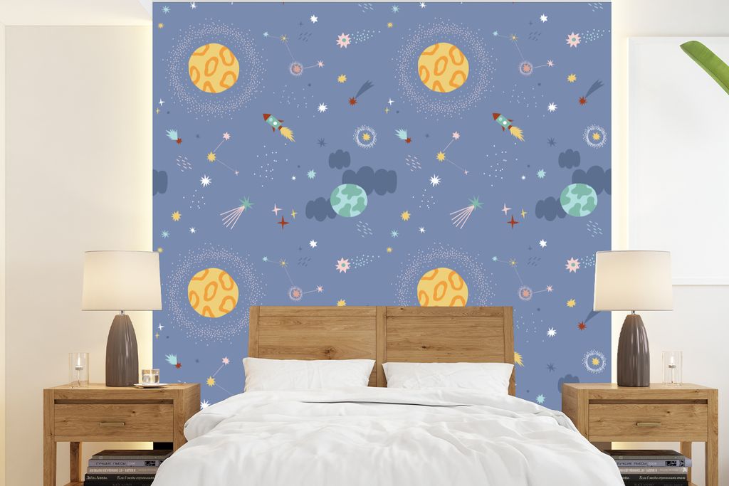 MuchoWow Fototapete für Wohnzimmer oder Schlafzimmer Wandtapete Vinyl Motivtapete Muster - Jungen - Kinder - Raumfahrt - 240x260 cm - Tapezier P...