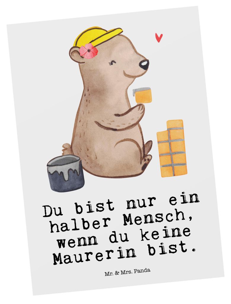 Mr. & Mrs. Panda Postkarte Maurerin Herz - Weiß - Geschenk, Spruch, Lustig, Grußkarte, Gesellenprüfung, Handwerkerin, Ansichtskarte, Ansichtskar...