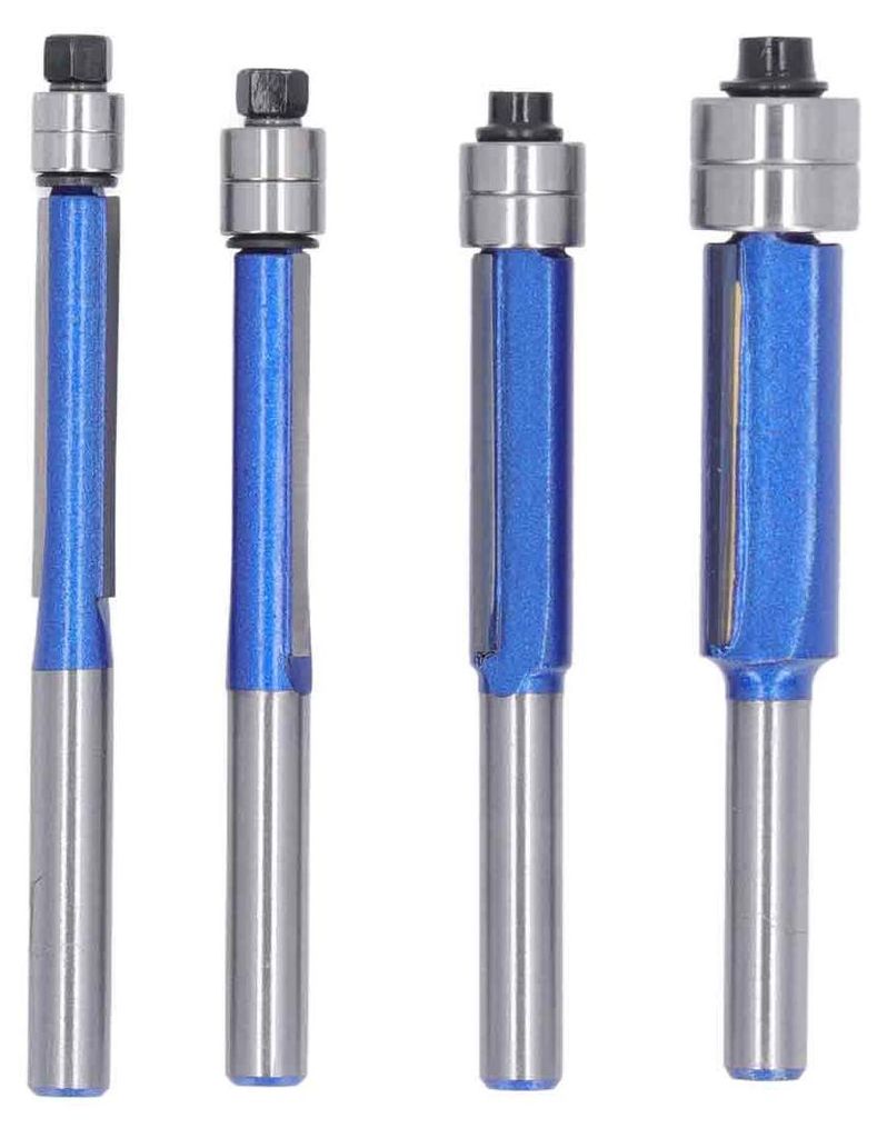 4-teiliges Set Bündigfräser mit 1/4-Zoll-Schaft zum Trimmen und Schneiden – ideal für Heimwerkerprojekte in der Holzbearbeitung.