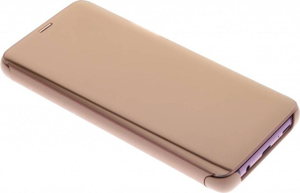 A gold-colored flip case for a smartphone, shown from a diagonal angle on a white background.