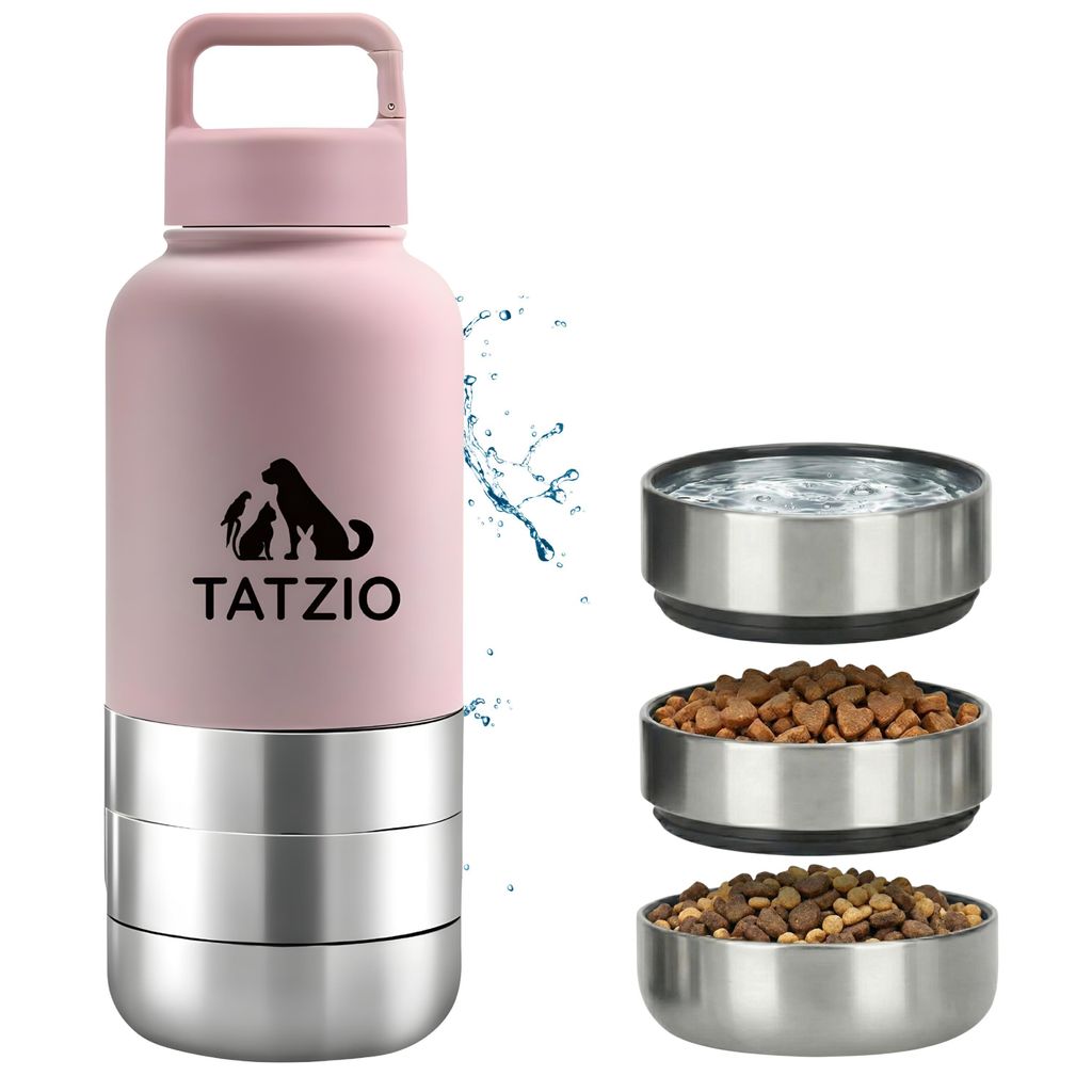 Frontansicht der pinken TATZIO Reiseflasche mit integrierter Tränkeschale für unterwegs.