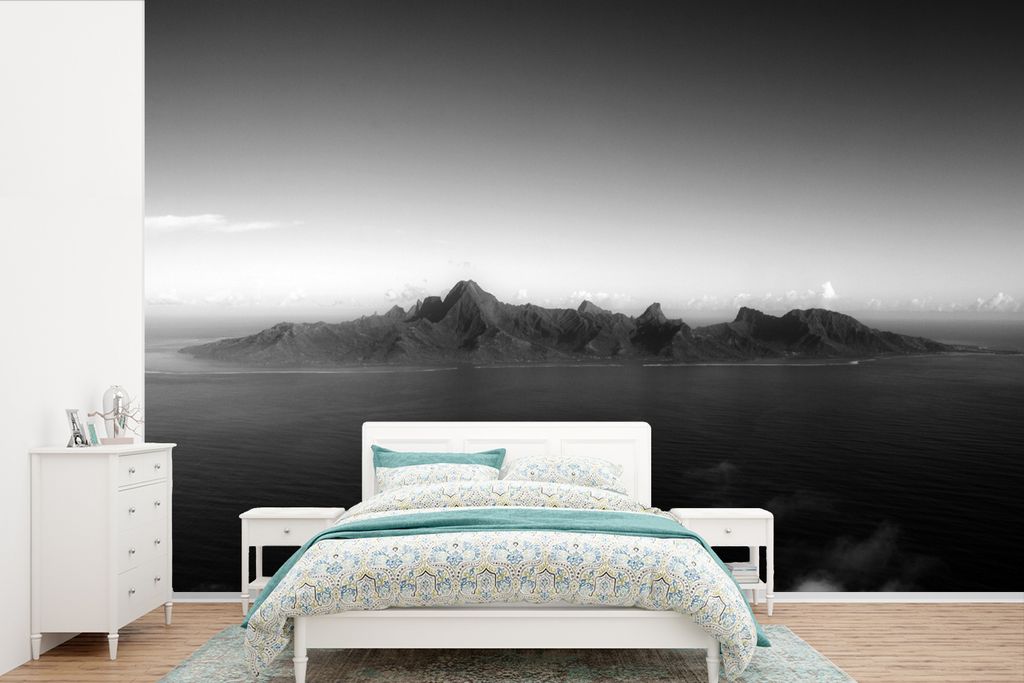MuchoWow Fototapete für Wohnzimmer oder Schlafzimmer Wandtapete Vinyl Motivtapete Berge im Pazifischen Ozean auf der Insel Mo'orea in Schwarz un...