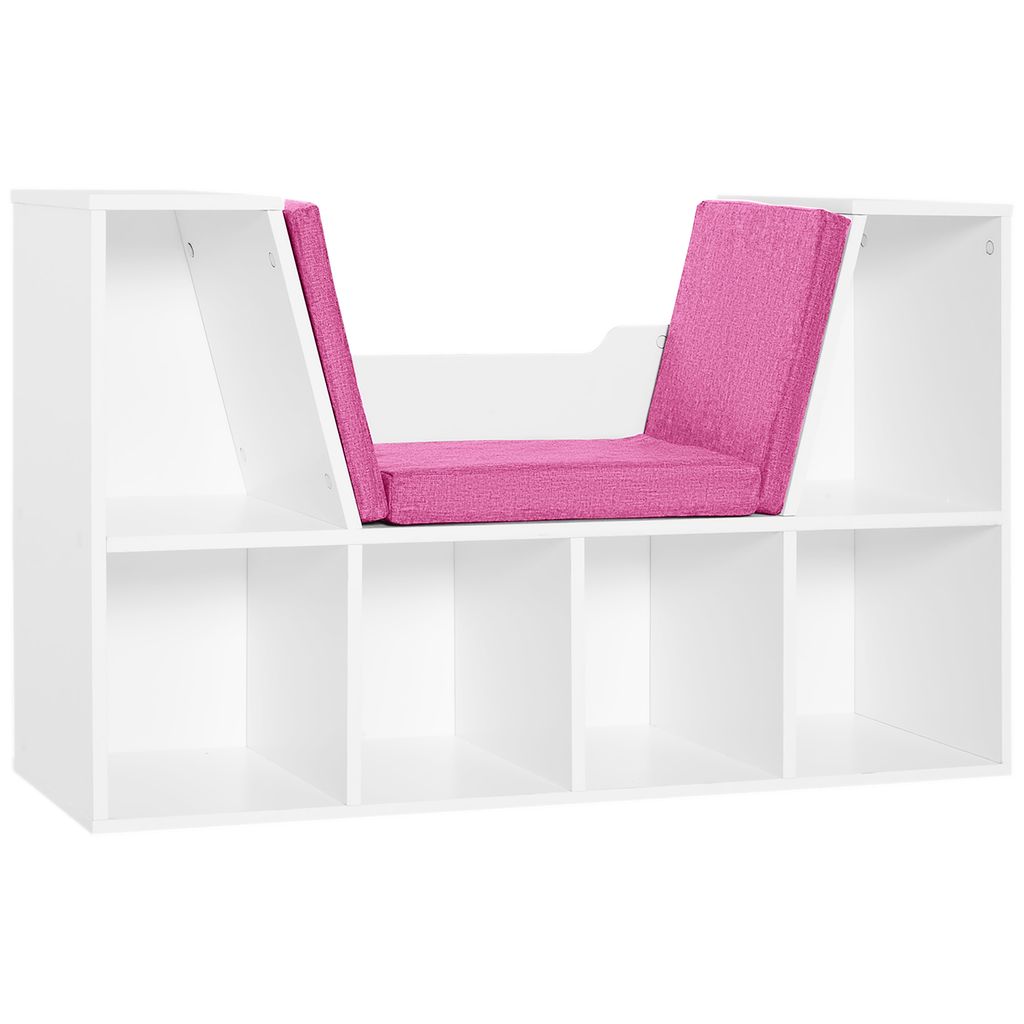 HOMCOM Bücherregal, Bank, 2-in-1, modernes Design, 6 Schließfächer, 3 Kissen im Lieferumfang enthalten, 102 L x 30 B x 61 H cm, Weiß-Rosa