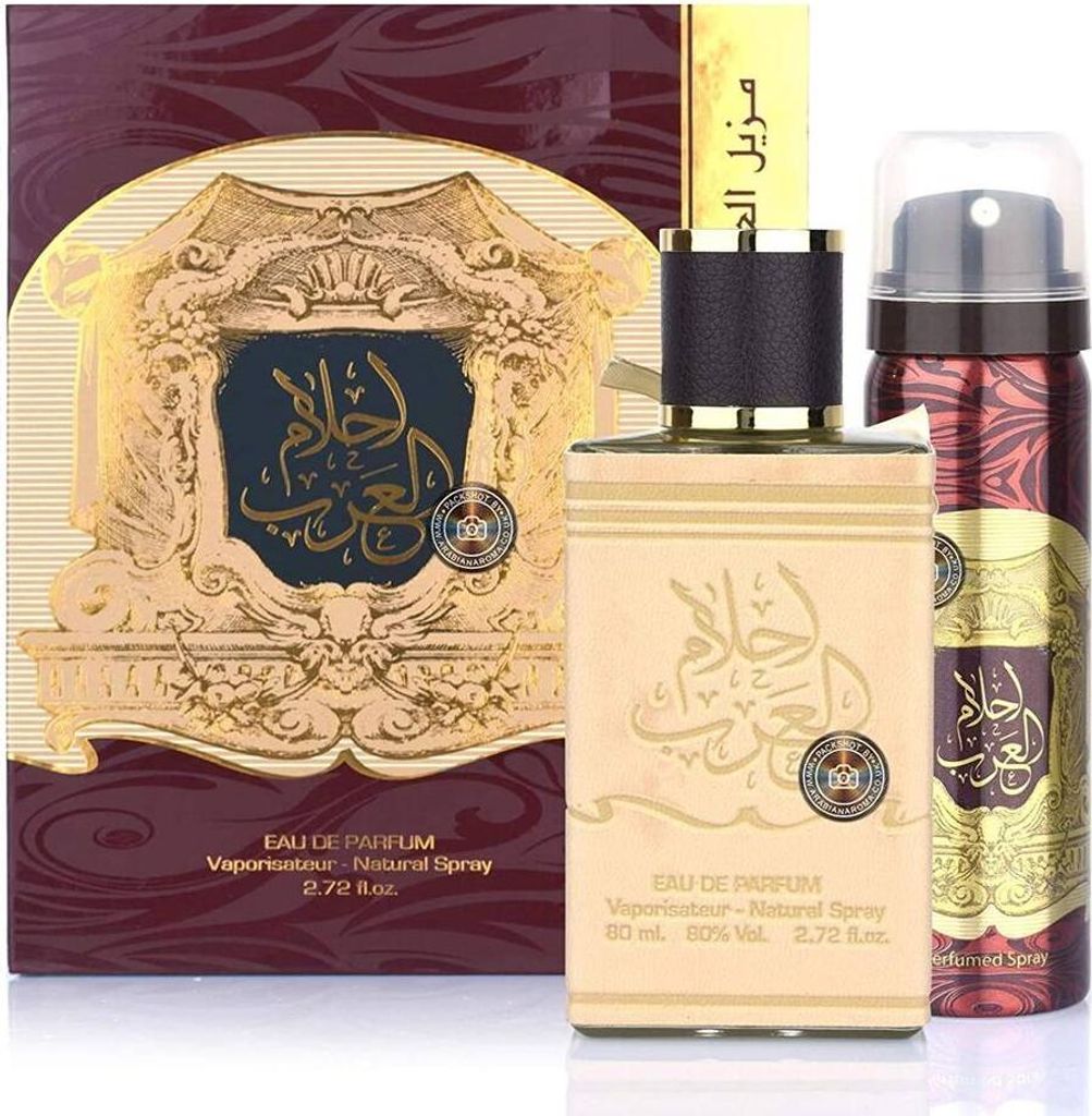 A perfume bottle and a deodorant spray are displayed in front of their packaging.