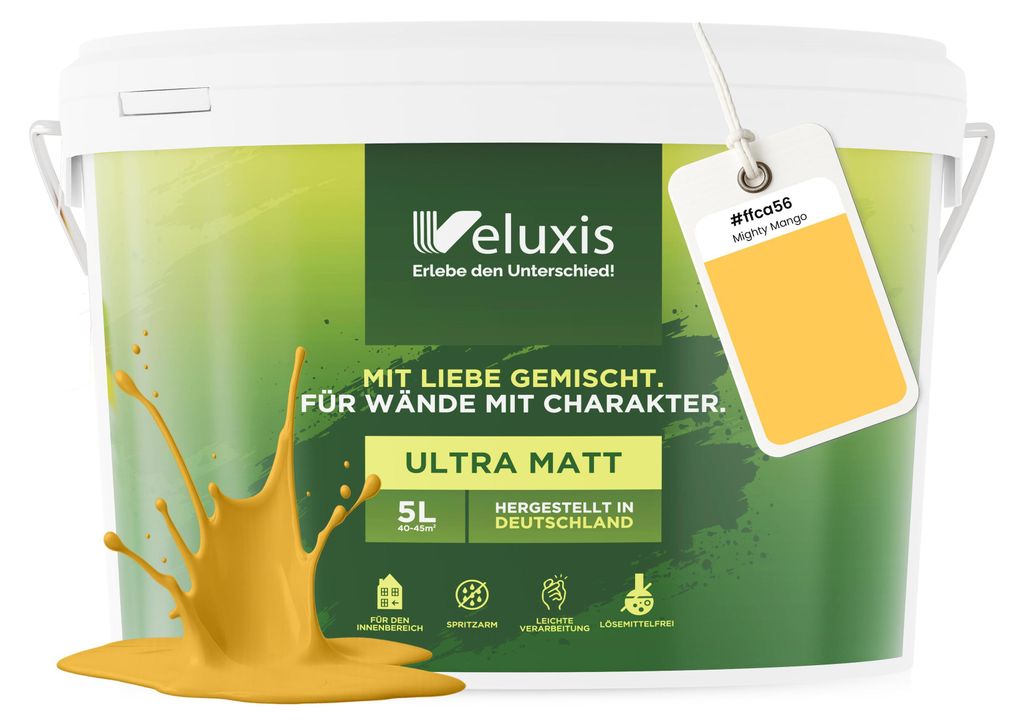 Wandfarbe Gelb Orange Gold Matt Innenfarbe – Deckkraft Klasse 1, VOC-frei, Ohne Grundierung, Tropfarm – Wohnzimmer & Schlafzimmer – 2,5L – ...