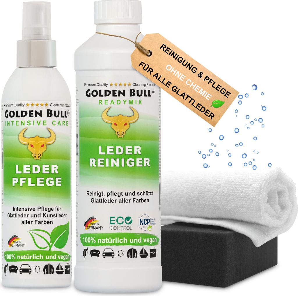 Golden Bull Lederreiniger & Lederpflege Set - Leder Reiniger 500ml, Pflegemittel 250ml, Schwamm, Tuch für Reinigung & Pflege von Ledercouch Auto...