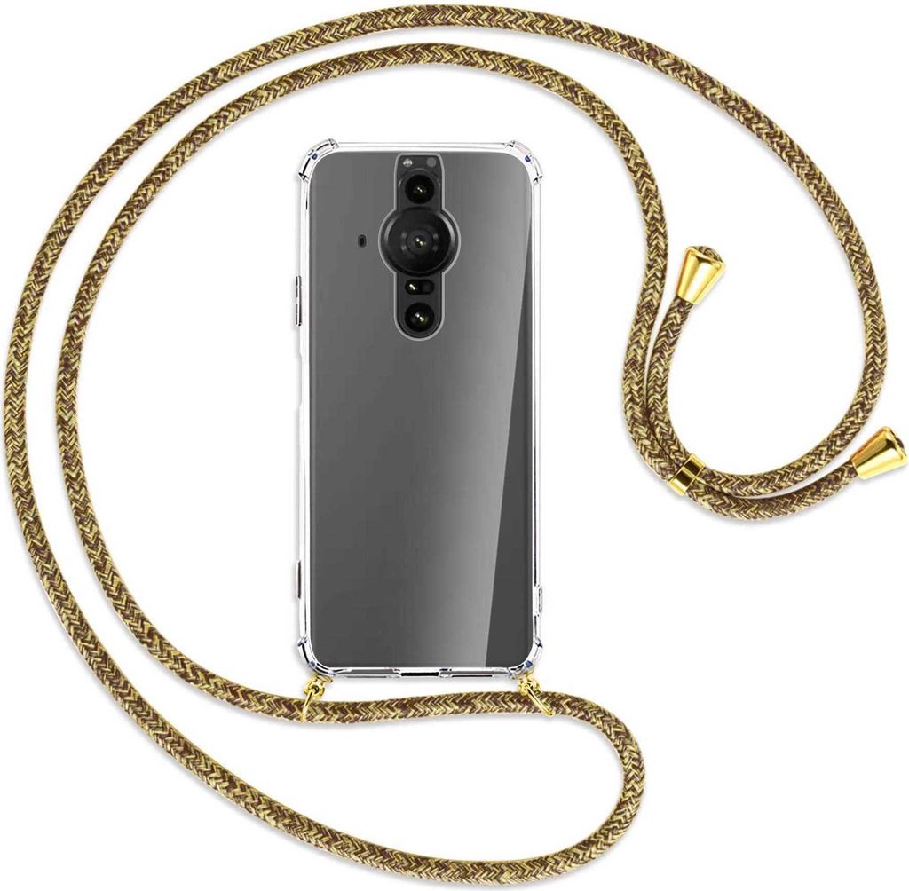 Handykette Backcover-Schutzhülle mit Band (Metall goldfarben) für Sony Xperia PRO-I - braun+beige
