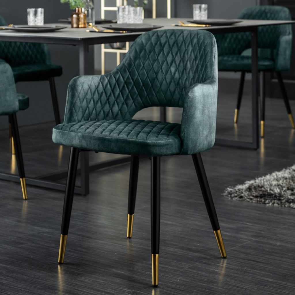 Eleganter Stuhl PARIS petrol Samt Ziersteppung Fußkappen gold Retro-Design mit Armlehnen