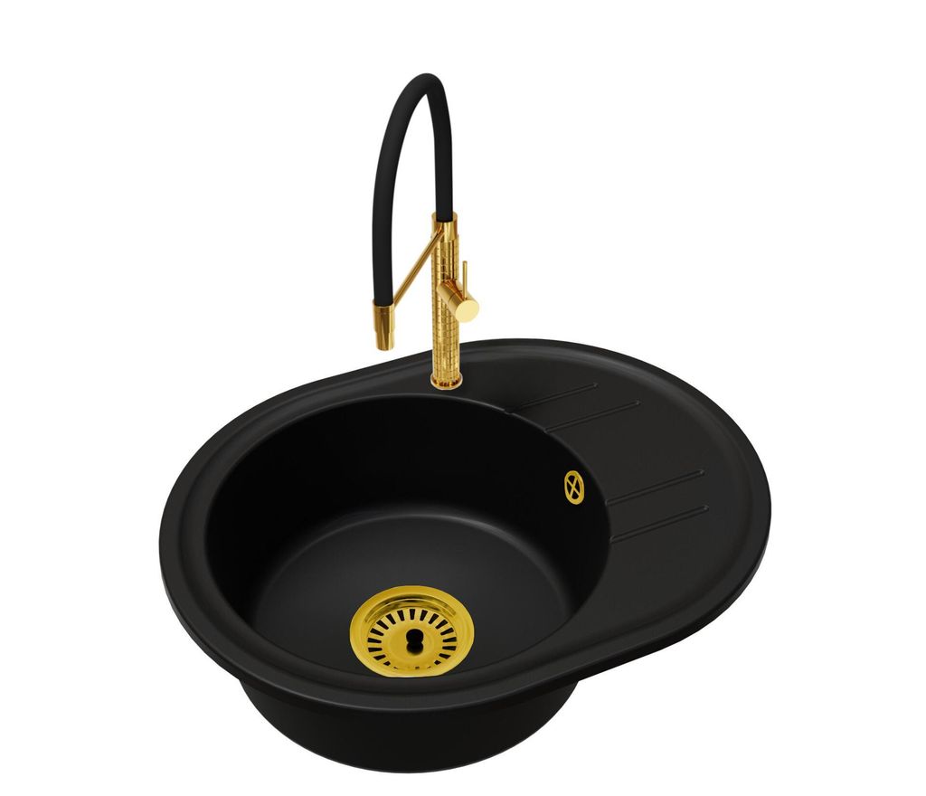 Granitspüle Küche Einbauspüle 1 Becken mit Abtropffläche BELLA inkl. Küchenarmatur FULL PRO Gold und Siphon