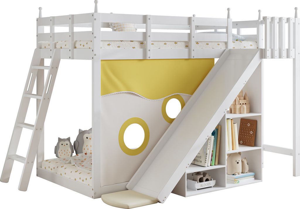 Etagenbett,Holzbett mit Treppe und Zäune,mit Bettvorhang,Rutsche und Regal, Kinderbett mit Fallschutz und Gitter,Rahmen aus Kiefer