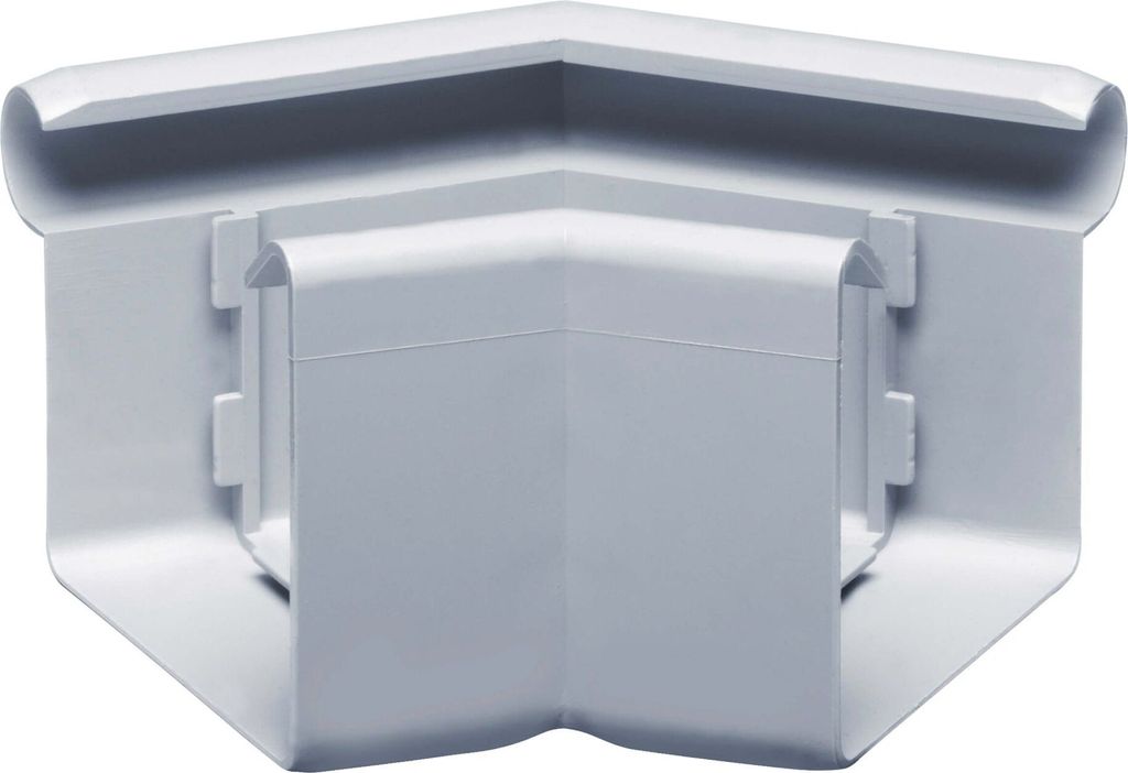 A white PVC gutter corner piece is shown against a white background.