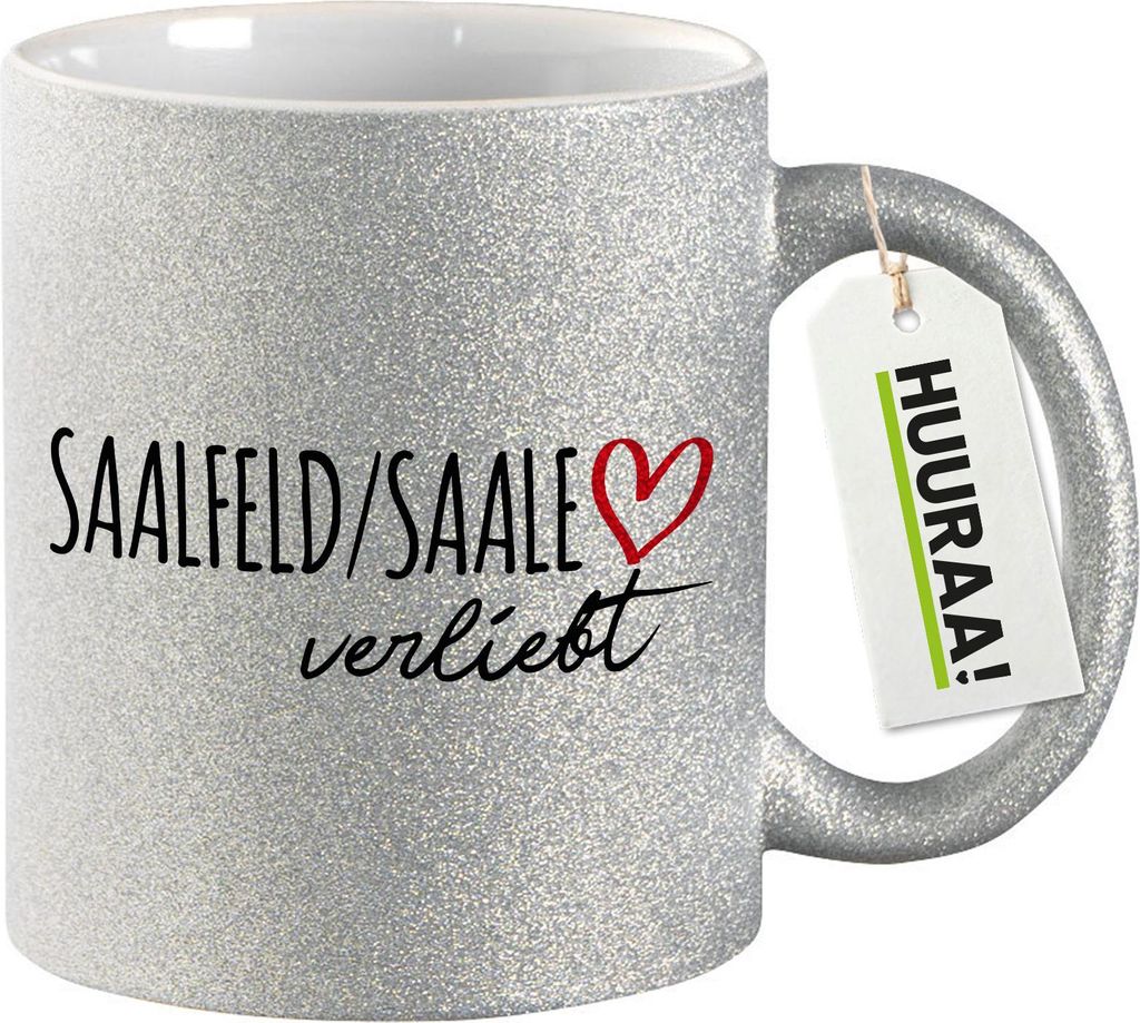 Huuraa Glitzertasse Saalfeld Saale verliebt 330ml Silber Keramik Kaffeebecher Geschenkidee