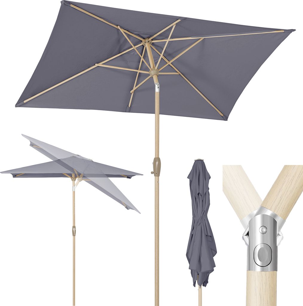 Sekey Sonnenschirm Rechteckig 210 x 140 cm – Balkonschirm, Marktschirm, Terrassenschirm mit Kurbel, UV50+ Sonnenschutz, Holzoptik, Hellgrau