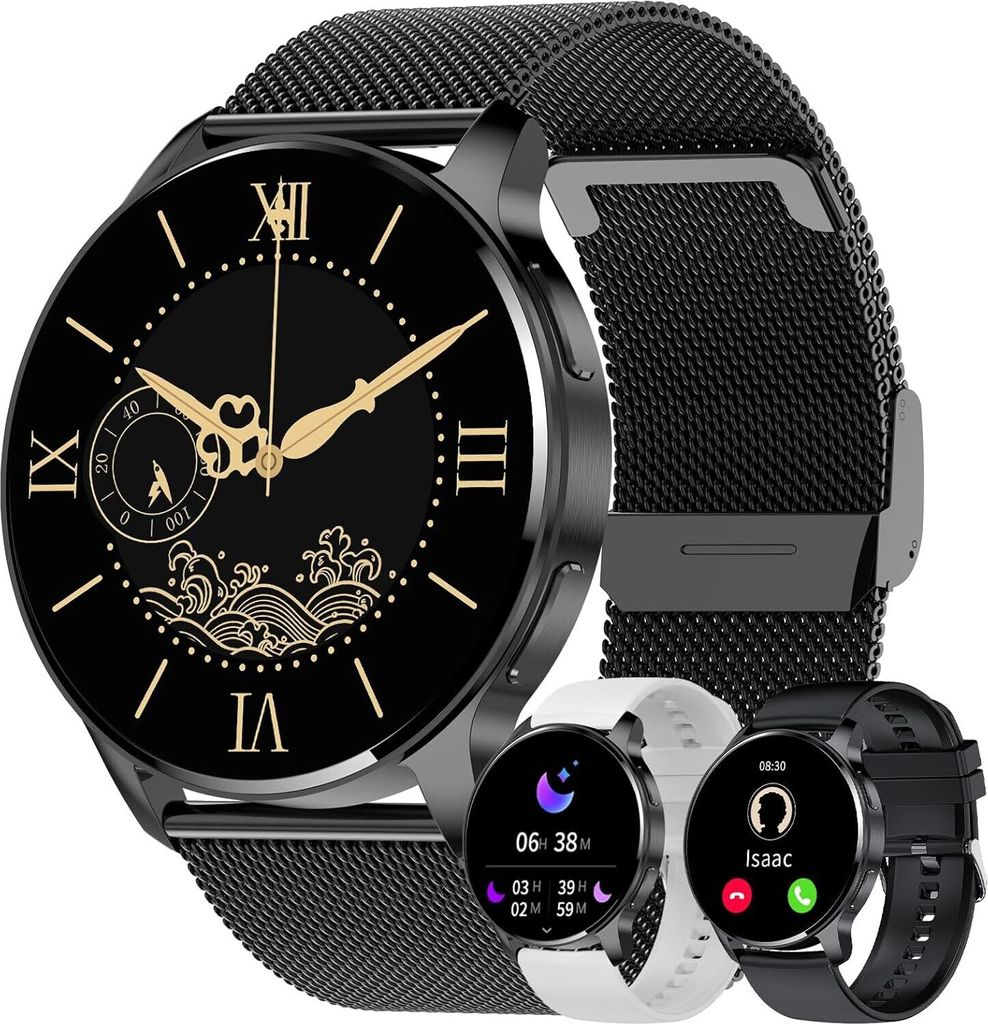 Fur Damen Herren, Mit Telefonfunktion HD Touchscreen Fitness rund wasserdicht Schrittzähler Pulsmesser Schlaftracker Menstruationszyklus Geschenk