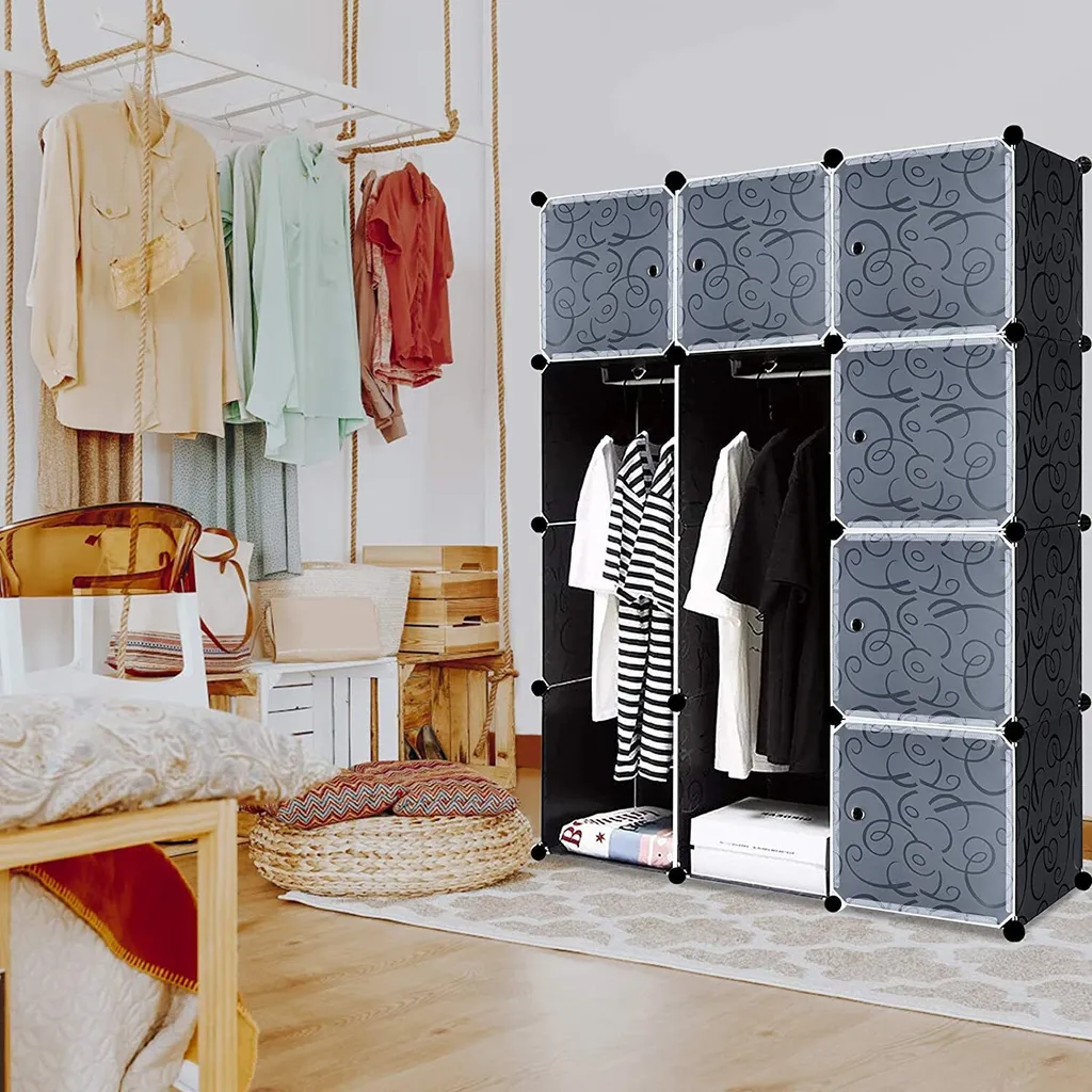 Étagère de rangement modulable 12 cases plastique noir pour vêtements