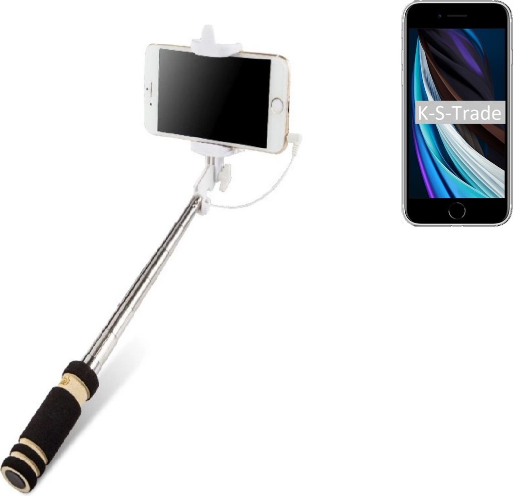 K-S-Trade Selfie Stick kompatibel mit Apple iPhone SE Selfiestick kabelgebunden Monopod mit Kabel Stab Stange Selfportrait Handheldstick schwarz 1x