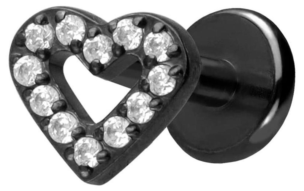 Ohrpiercing, Nasenpiercing Titan Labret mit Push Fit KRISTALLHERZ Schwarz Stablänge: 5mm | Stabstärke: 1,2mm