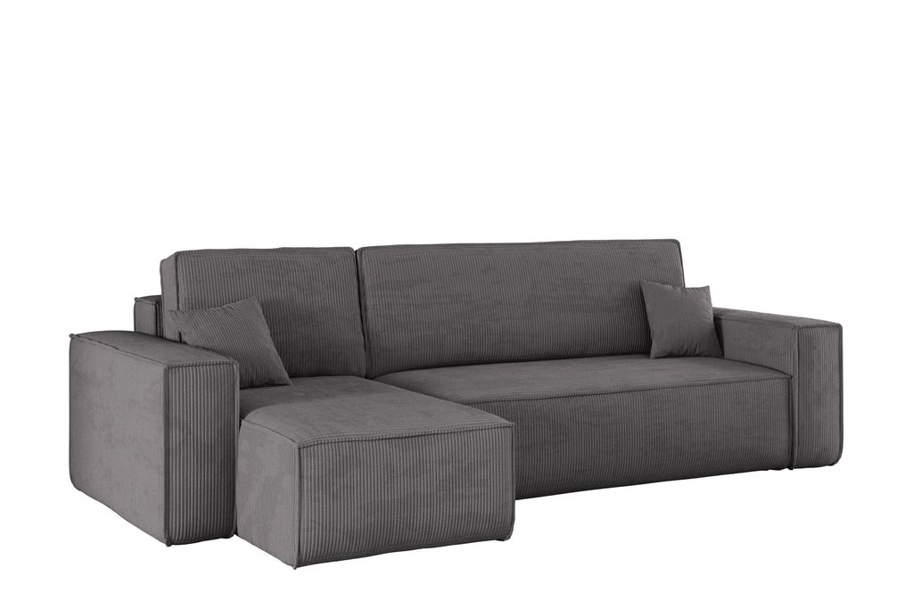 A dark gray L-shaped sectional sofa with a chaise lounge and an ottoman. The sofa has a textured fabric upholstery and is shown from a front-side angle.