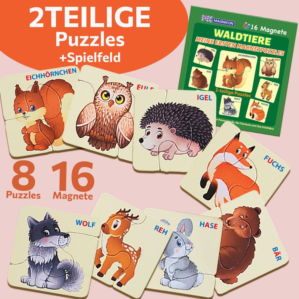 MAGNIKON UD108- Erste Große Puzzles 2 Teile Waldtiere mit 16 Magneten, Kleinkinder Magnetisch Duo Kinderpuzzles, Lernspiel für Autofahrt