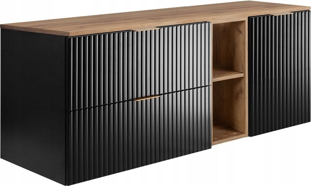 Rodan | Badezimmerschränke 140cm | Schwarz Matt - Holz | B/H/T 140/57/46 cm | Geriffelte Türen - Braune Platte - Badmöbel - Badschrank - Bücher...