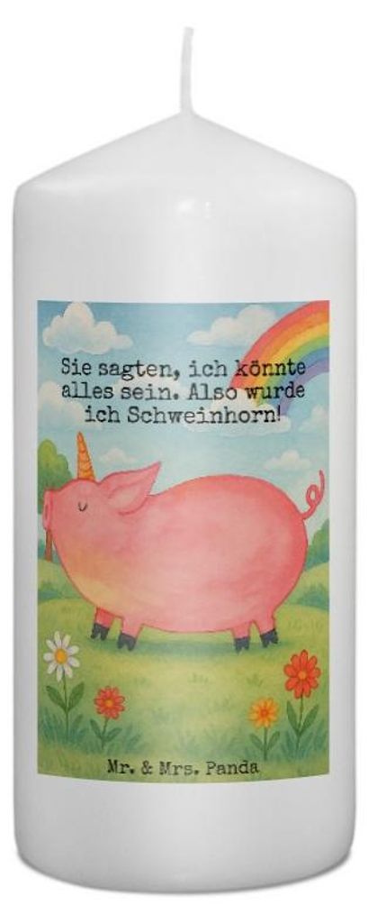 Mr. & Mrs. Panda Kerze Einhorn Schwein Design 15 x 7 cm - Weiß - Geschenk, Unicorn, Englisch, Einhörner, Erinnerungslicht, Bedruckte, Wachskerze,...