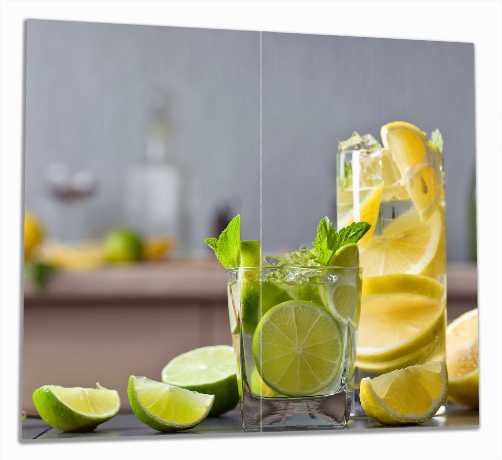 Wallario Herdabdeckplatte aus Glas, Größe 60 x 52 cm 2-teilig, Motiv Cocktails mit Limetten und Zitronen