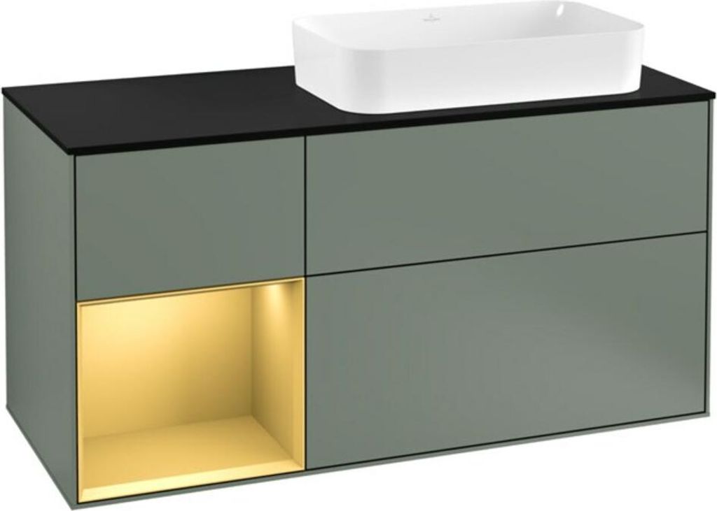 V&B Waschtischunterschrank Wandbeleuchtung Finion 120cm, Pl b m, Reg li gol m, Oli. m Lac