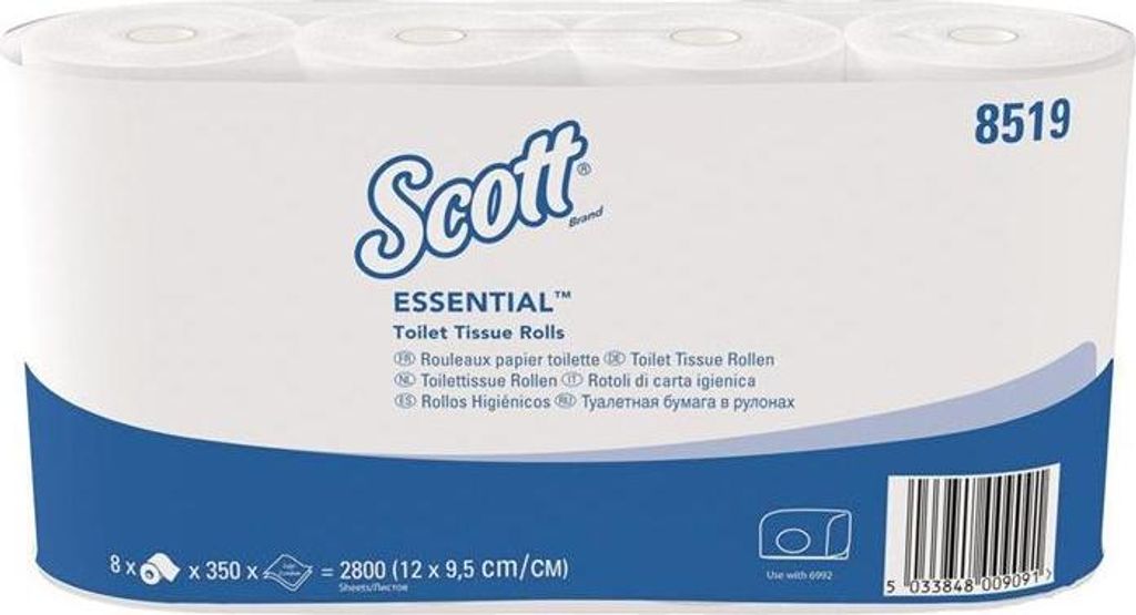 Scott Essential Toilettenpapier - Kleinrollen / Weiß - 8 Packs x 8 small rolls x 350 Toilet Tissue Sheets | Karton (8 Päckchen)