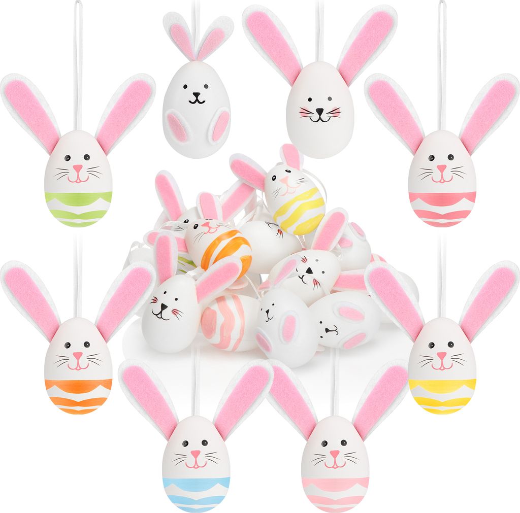 com-four 18x Ostereier zum Aufhängen 8 cm - Osterdeko in Form eines Osterhasen - Deko Ostereier mit Hasenohren und Seidenband zum Aufhängen