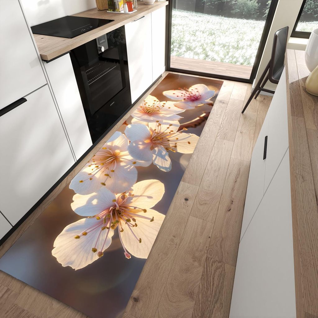 Küchenteppich 80x300cm rutschfest & abwischbar PVC Läufer - Blumen im Sonnenlicht
