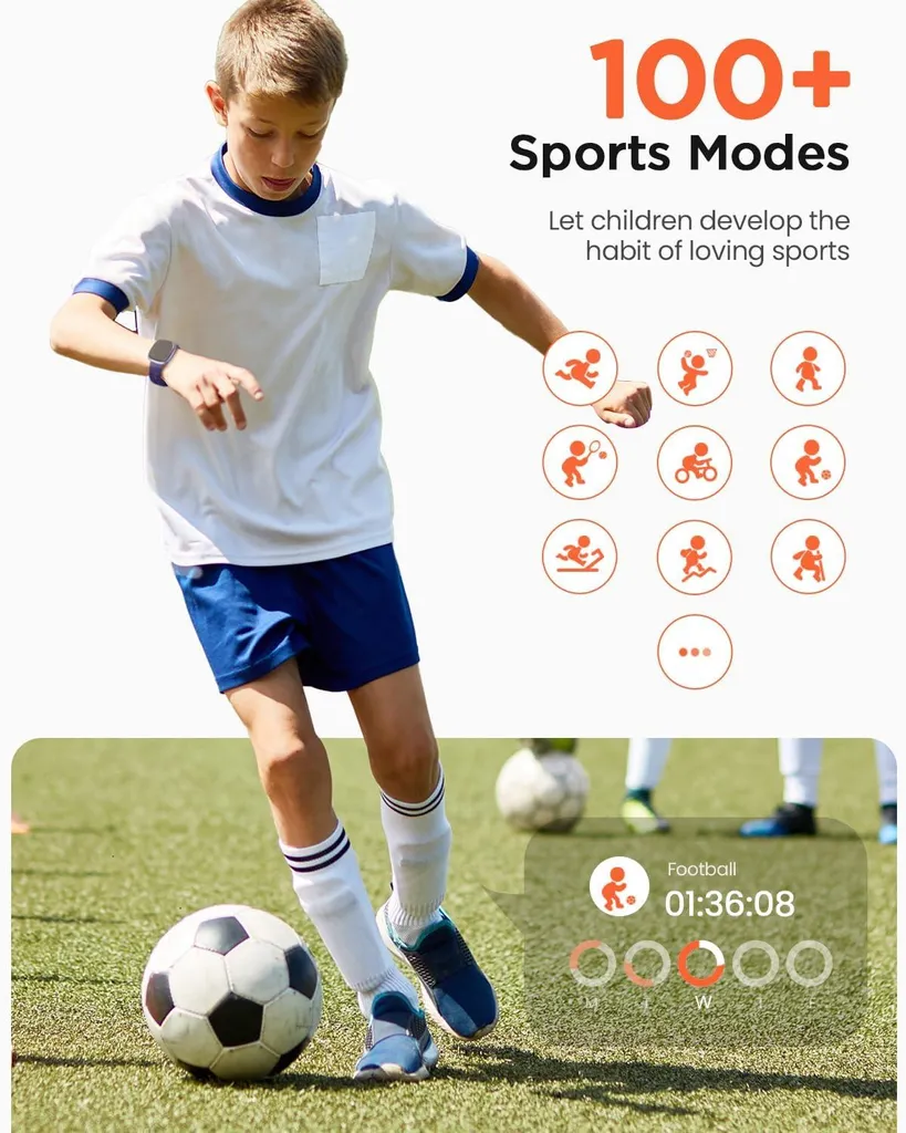Smartwatch per bambini per ragazzi e ragazze, orologio impermeabile IP68 per attività di fitness per bambini, 20 modalità sportive, pedometro, cardiofrequenzimetro, sveglia, - 4