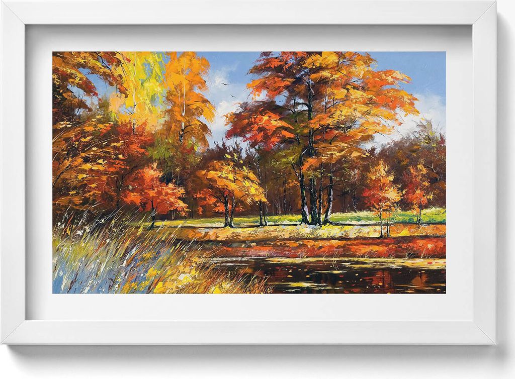 Gemaltes Herbstbild und Fluss– Wandbild mit Rahmen – Gerahmtes Bild – Wanddekoration – 30x20 cm – Weiß Rahmen