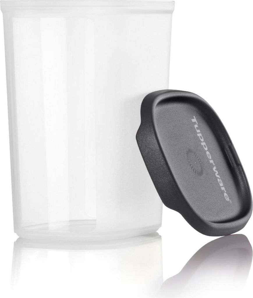 A clear, studio shot of a Tupperware container with its lid slightly ajar.