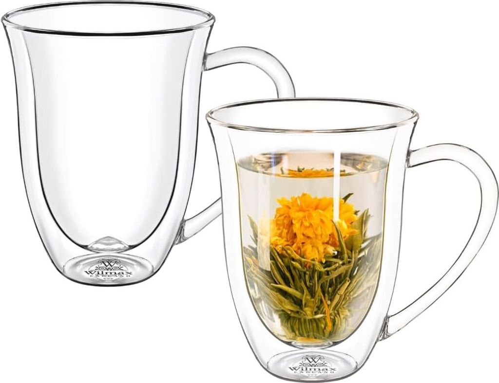 Wilmax Thermogläser mit Henkel - 2er Set - 250 ml - Doppelwandige Gläser für Wasser, Tee, Kaffee - Gläser für Tee und Kaffee - Becher für Hei...